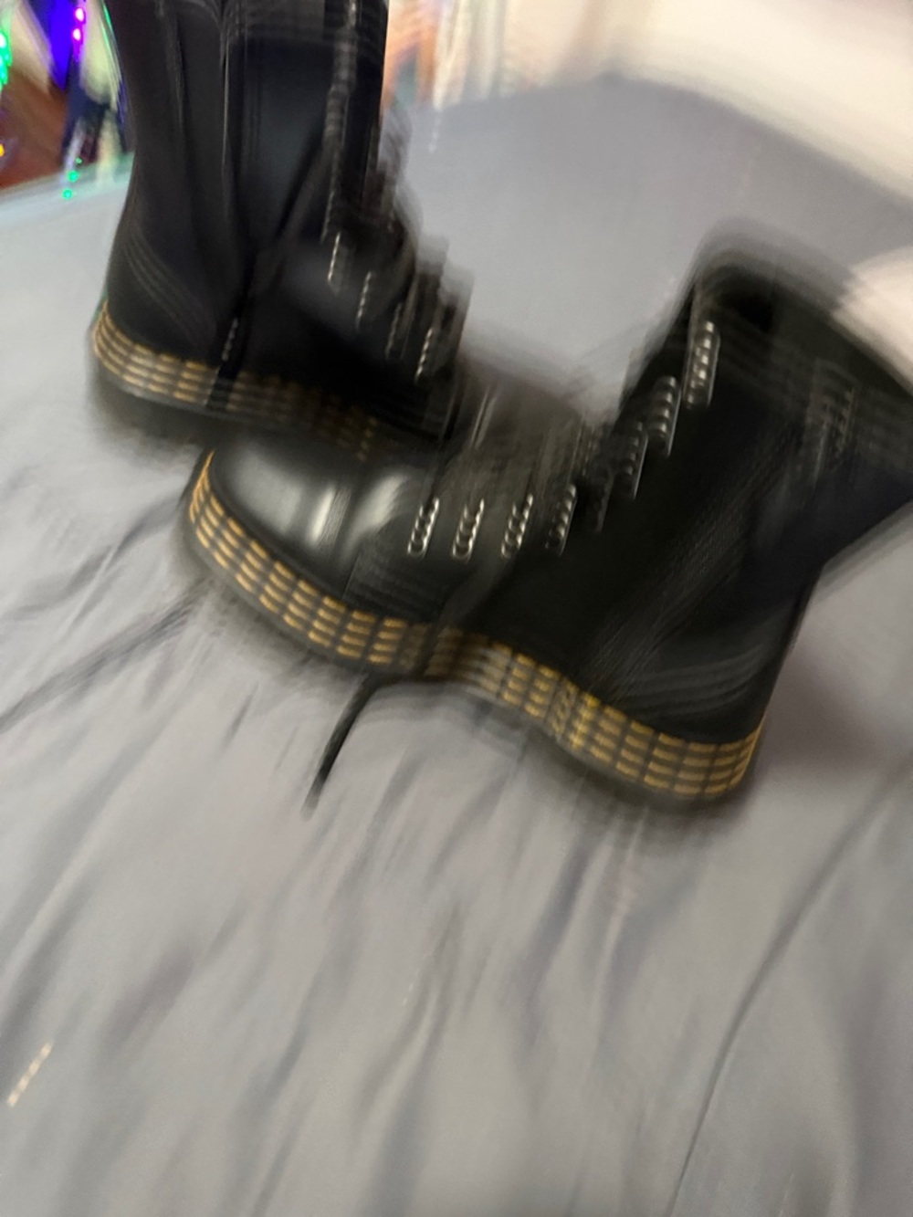 Dr. Martens Black Leather Platform Lace-Up Boots with Yellow Stitching - Picture 5 of 10